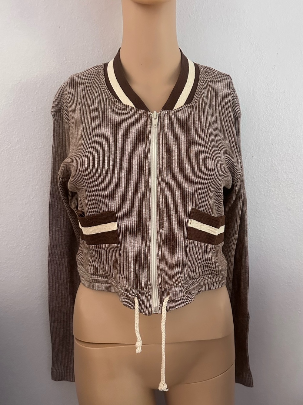 Vintage 90s Brown Ribbed Knit Zip Up Bomber Jacket Cropped Varsity Medium